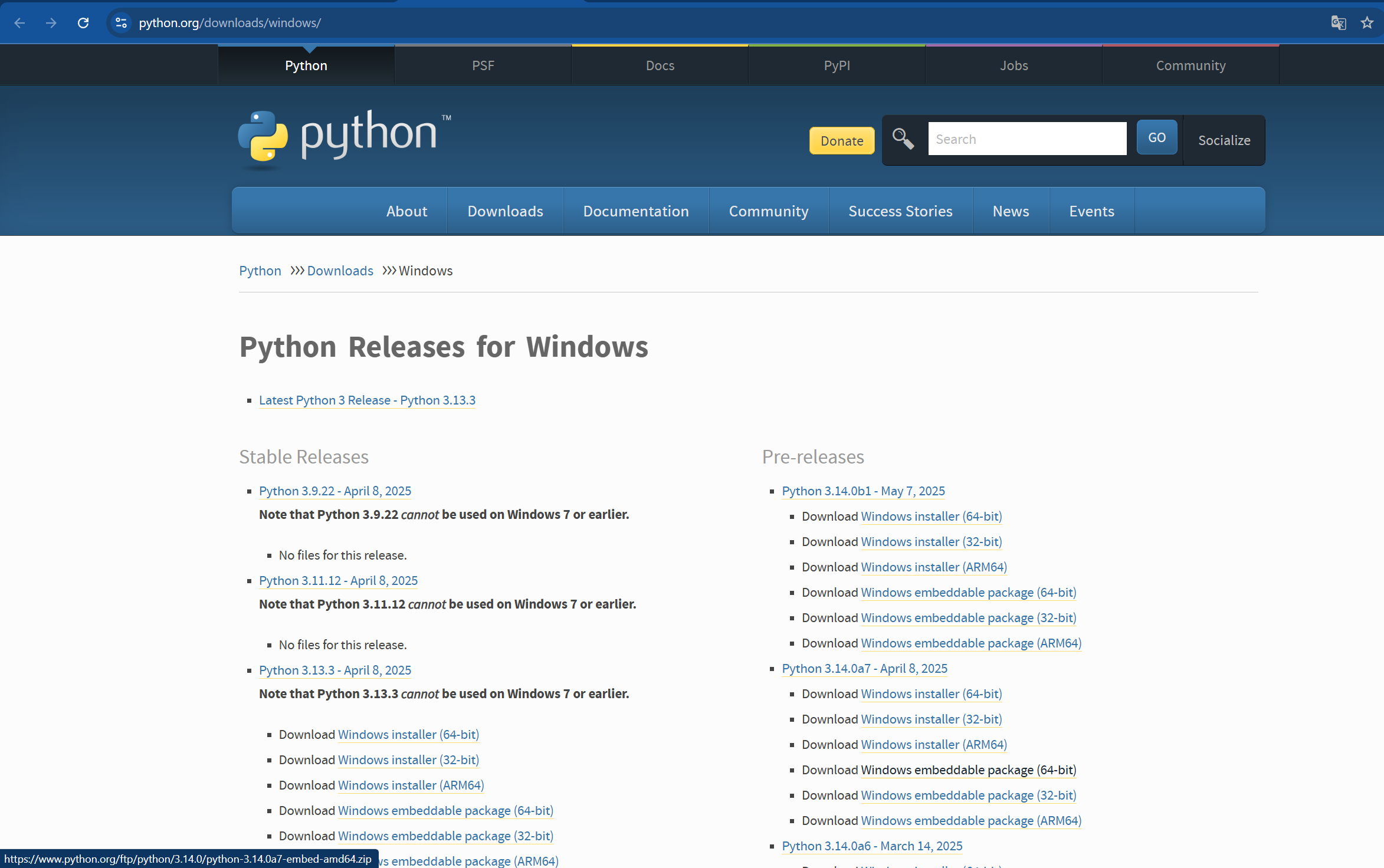 Página de descargas de Python